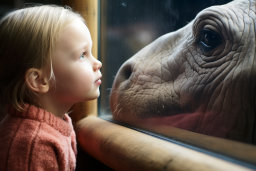 a girl looking at a hippo