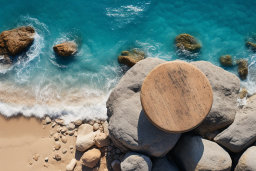 a round table on rocks by the water