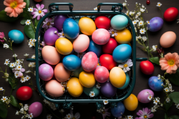 una canasta llena de huevos coloridos
