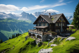 Ein Haus auf einem Hügel mit Bergen im Hintergrund