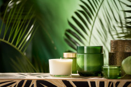 a group of green containers with a white candle