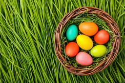 Colorful Easter Eggs in Basket on Grass