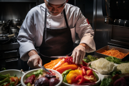 a chef cutting vegetables in a kitchen