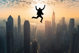 Une silhouette d'un homme sautant dans les airs au-dessus d'une ville
