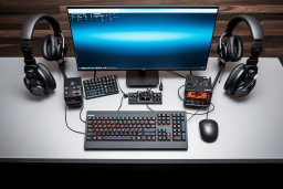 a computer with headphones and a keyboard