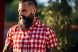 a man with a beard and a red and white checkered shirt