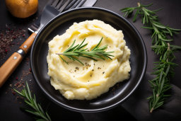 a bowl of mashed potatoes with a sprig of rosemary