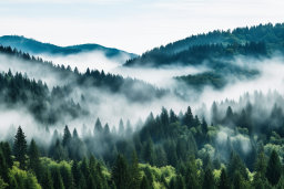 a foggy forest with trees and hills