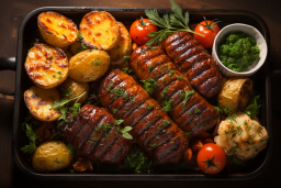 un plateau de nourriture avec de la viande et des pommes de terre