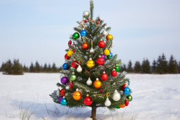 Decorated Christmas Tree in Snowy Landscape