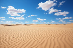 Un désert sableux avec un ciel bleu et des nuages