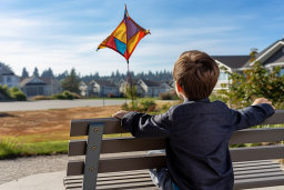a boy sitting on a bench with a kite
