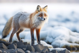 a fox standing on rocks