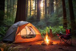 une tente et un feu de camp dans les bois
