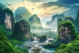 Mystical Karst Landscape with Waterfalls