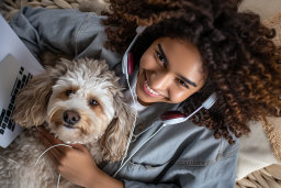 Eine Frau mit Kopfhörern und einem Hund