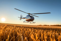 a helicopter flying over a field of wheat