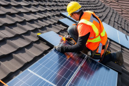 Worker Installing Solar Panel on Roof