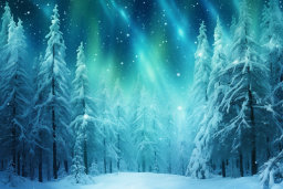 a snowy forest with snow and lights