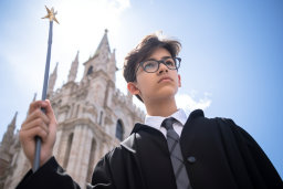 a boy wearing glasses and a suit holding a wand