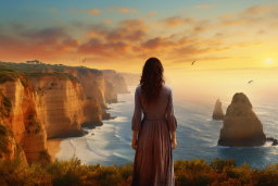 a woman standing on a cliff overlooking a body of water