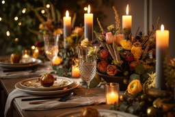 Une table avec des fleurs et des bougies