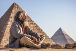 a man sitting in the sand with a pyramid in the background