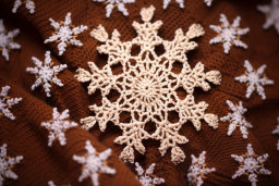 Crocheted Snowflakes on Brown Fabric