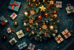 Christmas Tree and Gifts Overhead View