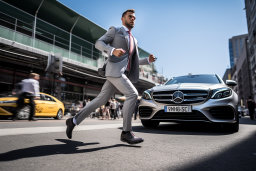 a man in a suit running next to a car