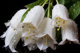 Eine Gruppe weißer Blüten mit Wassertropfen auf ihnen