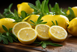 Fresh Lemons and Herbs on Wooden Surface
