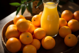 un bol d'oranges et un verre de jus