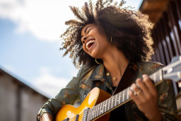 Uma mulher com cabelo encaracolado e um violão