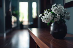 Vase with White Flowers on Wooden Table