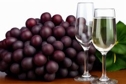 a bunch of grapes next to a wine glass