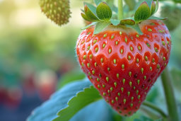 Close-up of Ripe Strawberry on Plant
