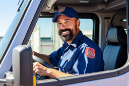 Un homme en uniforme bleu conduisant un camion