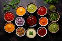 un groupe de bols de sauces de couleurs différentes
