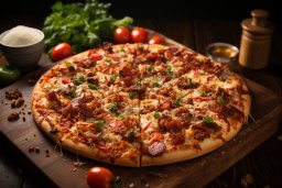 uma pizza com bacon e queijo em uma tábua de madeira