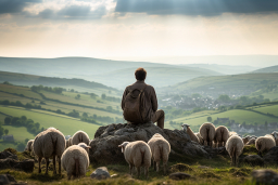 Un homme assis sur un rocher avec des moutons en arrière-plan