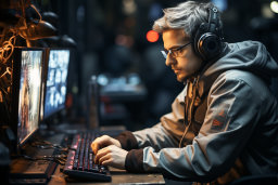 Un homme portant des écouteurs et une veste grise et des lunettes assises sur un ordinateur