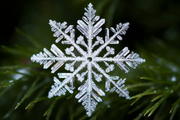 Close-up of a Snowflake on Pine Needles