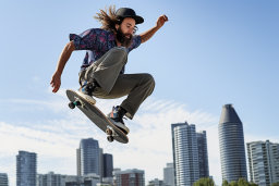 Ein Mann, der auf einem Skateboard in die Luft springt
