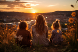 a group of people sitting on a hill looking at the sunset