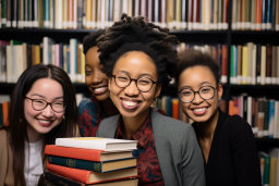 a group of women smiling with books