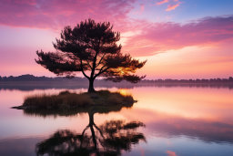 uma árvore em uma ilha em um lago