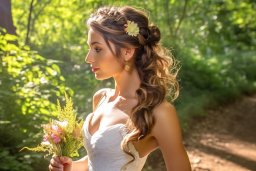 Une femme en robe blanche tenant des fleurs