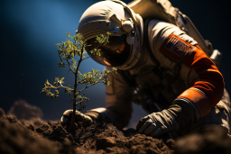 une personne en costume spatial plantant un petit arbre