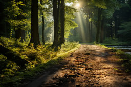 un chemin de terre à travers une forêt